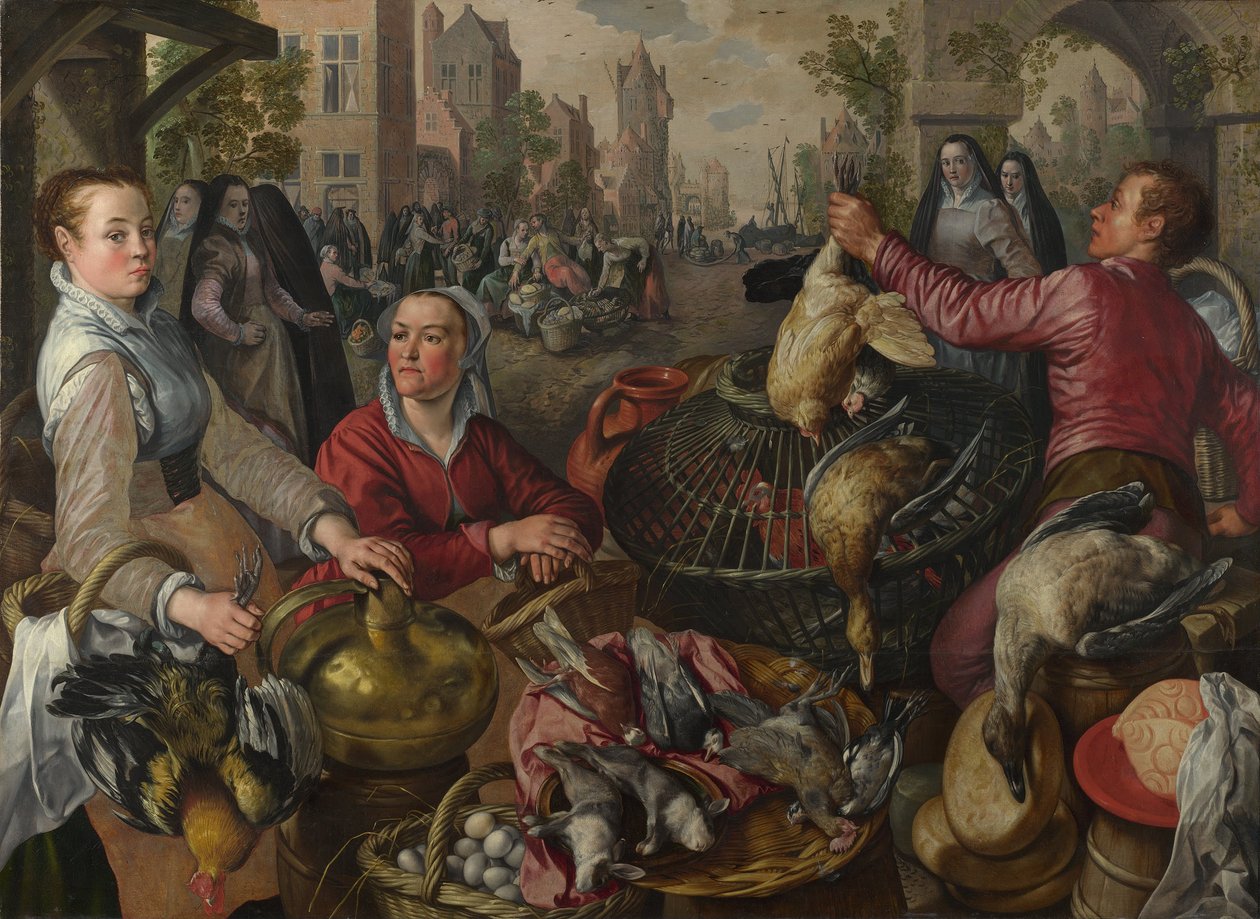 Los Cuatro Elementos: Un puesto de aves de corral en una ciudad con el Hijo Pródigo al fondo - una Alegoría del Aire, 1569 de Joachim Beuckelaer
