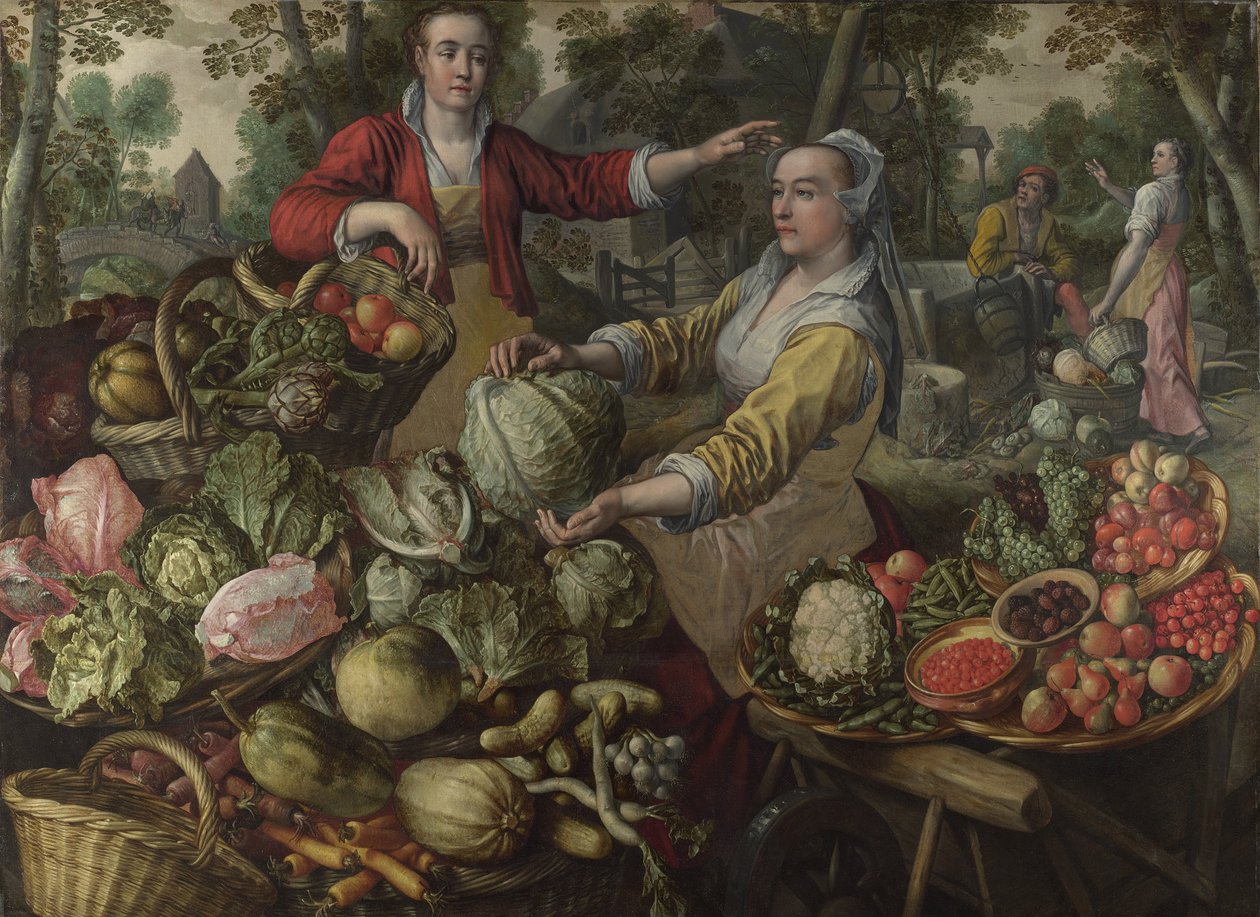 Los Cuatro Elementos: Tierra. Un mercado de frutas y verduras con la huida a Egipto en el fondo de Joachim Beuckelaer