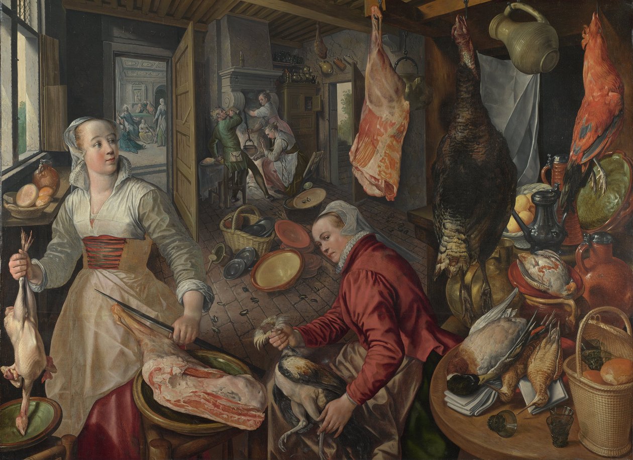 Los Cuatro Elementos: Fuego. Una escena de cocina con Cristo en la casa de Marta y María en el fondo de Joachim Beuckelaer