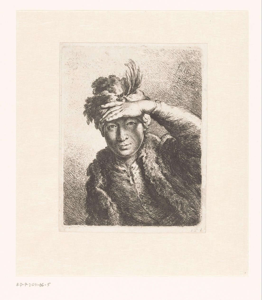 retrato, de, un, hombre, en, un, boina emplumada de Joachim Martin Falbe