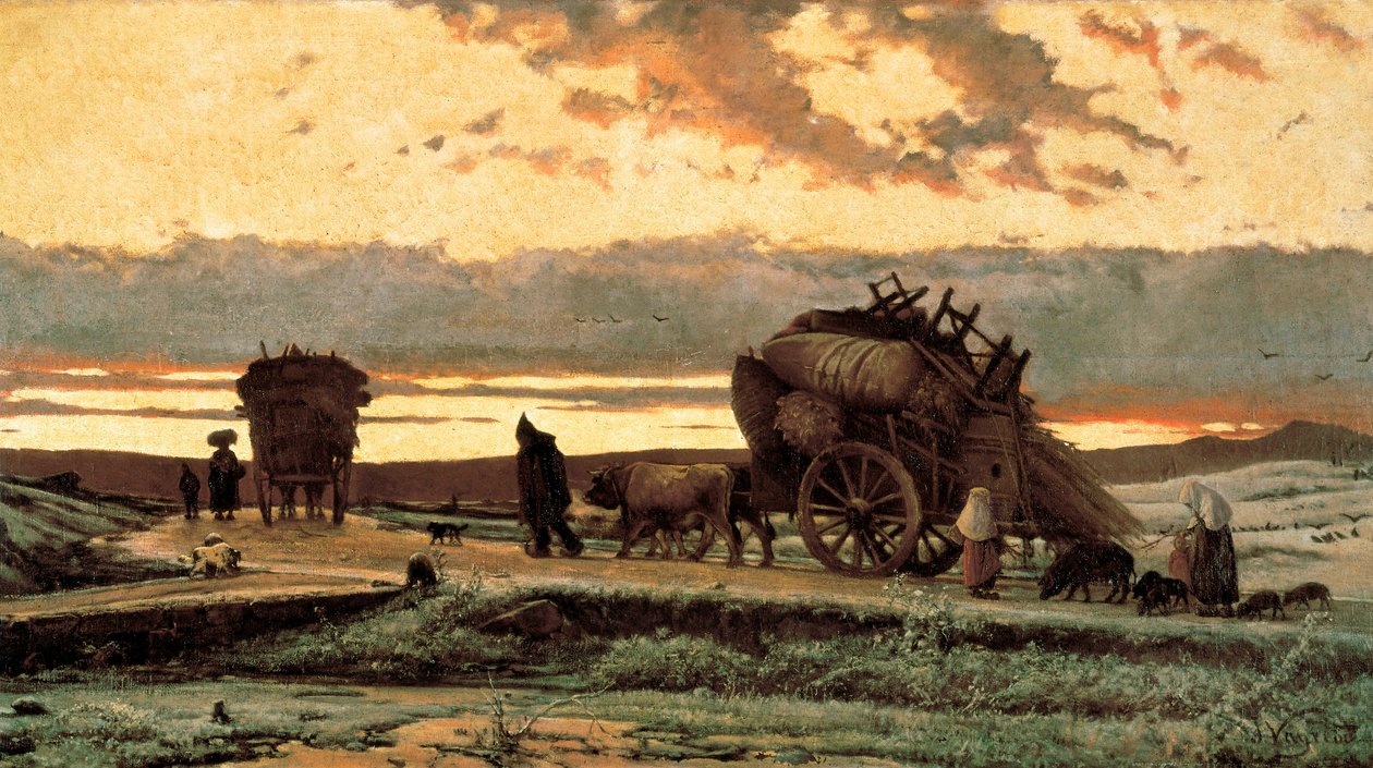 Dolor. Dolor "" (o invierno): escena que representa a familias de campesinos expulsados de sus tierras. Pintura de Joaquim Vayreda i Vila (1843-1894). 1876. Barcelona. Museo Nacional de Arte de Cataluña. de Joachim Vayreda i Vila