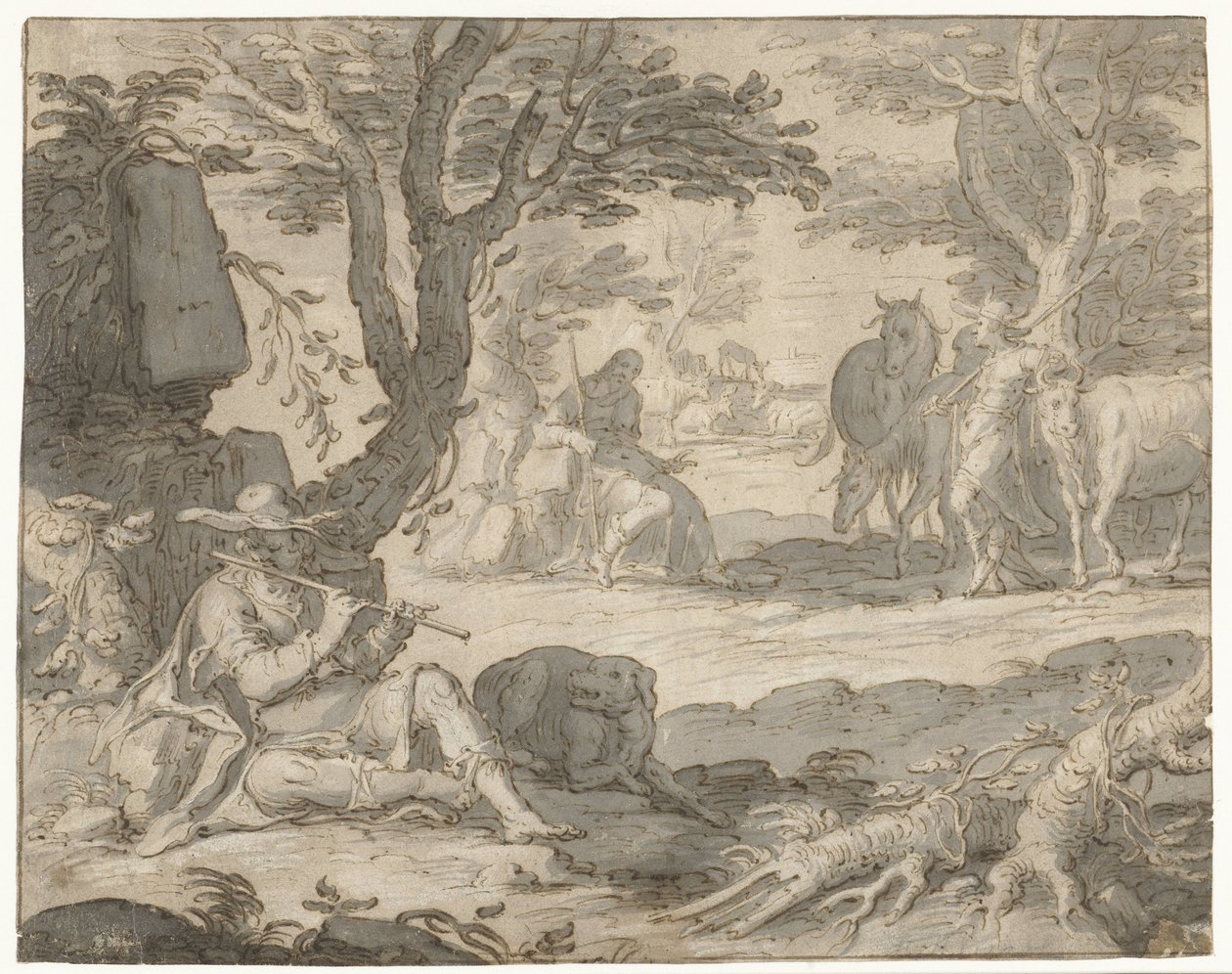 Apolo toca la flauta mientras pastorea el rebaño de Admetus de Joachim Wtewael or Utewael