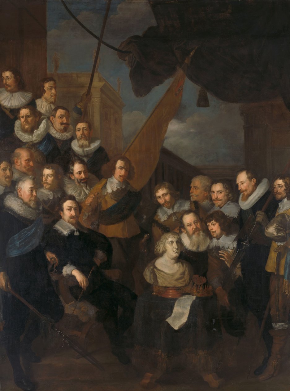 Oficiales y otros guardias civiles del XIX Distrito de Ámsterdam, bajo el mando del capitán Cornelis Bicker y el teniente Frederick van Banchem, esperando para recibir a Marie de Médicis, 1 de septiembre de 1638 de Joachim von Sandrart (I)