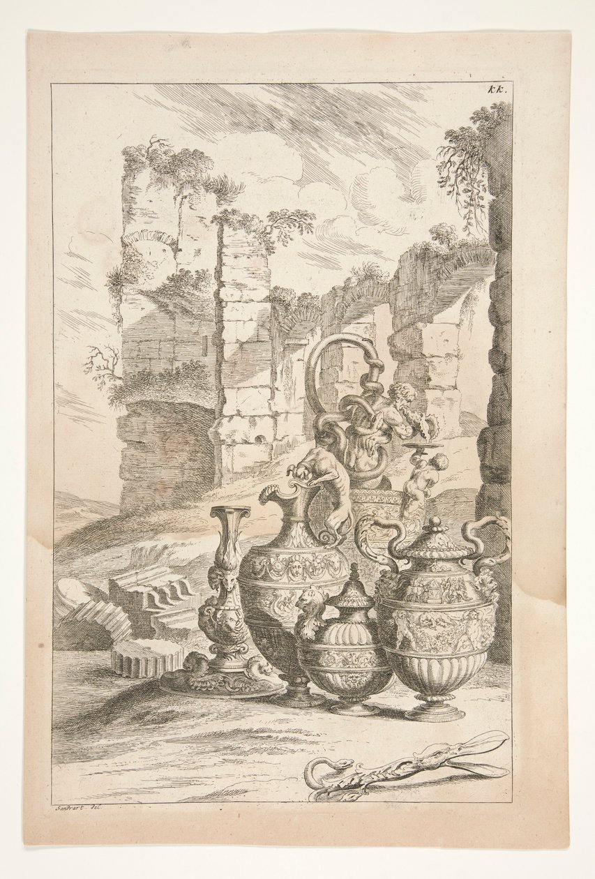 Un candelabro y jarras ornamentales con mango en un paisaje con ruinas, de Sculpturae Veteris Admirata de Joachim von Sandrart
