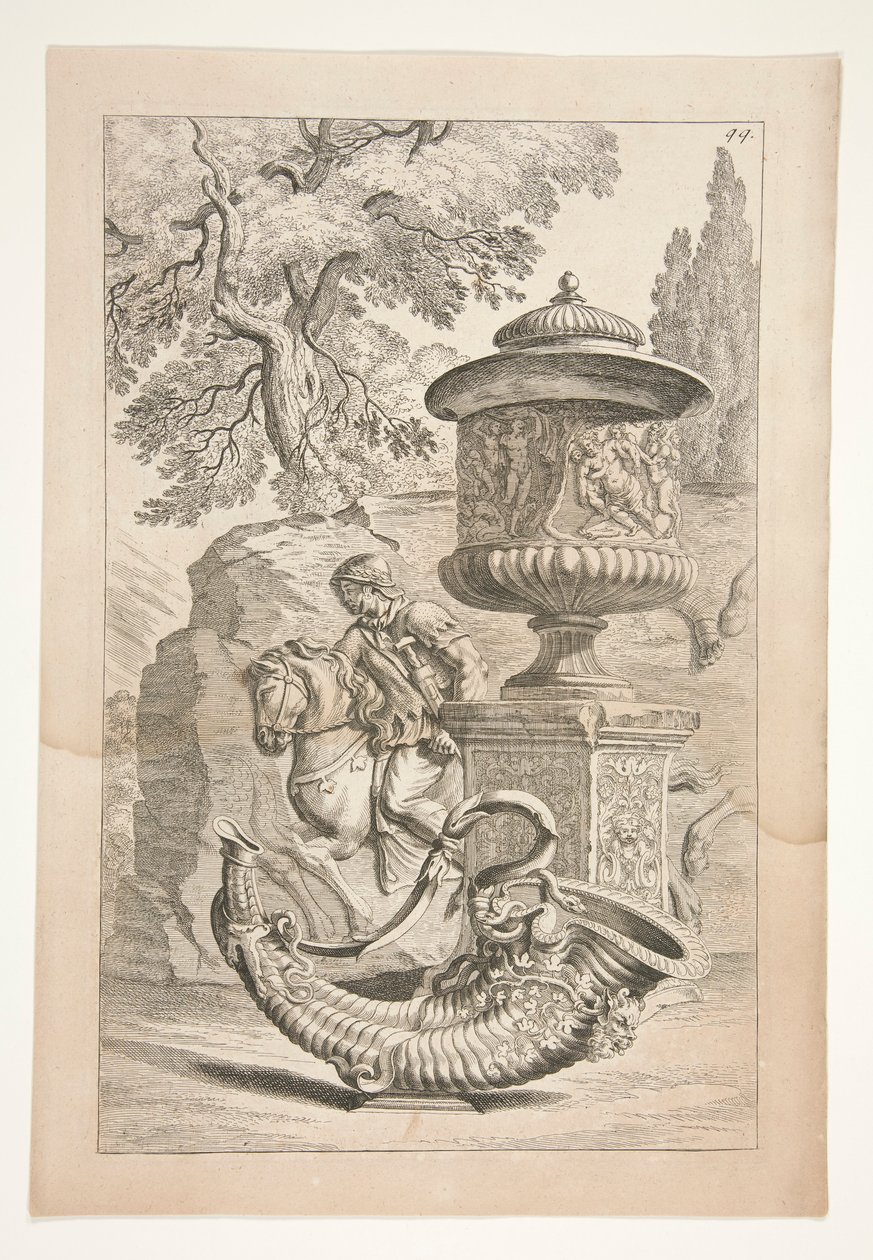 Un relieve de guerreros, un jarrón cubierto decorado con un relieve báquico y una cornucopia en un paisaje de Joachim von Sandrart
