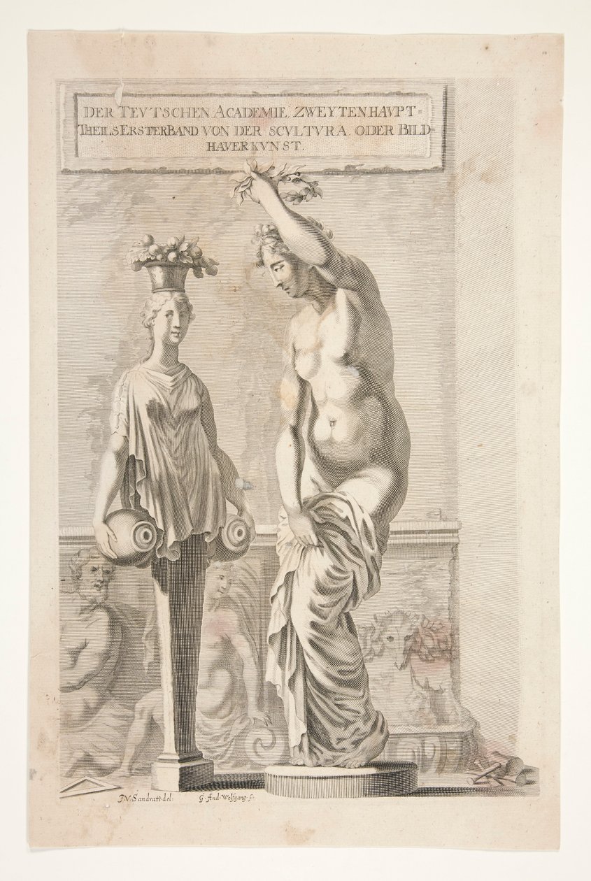 Una estatua y una mujer llevando jarrones y frutas de Joachim von Sandrart