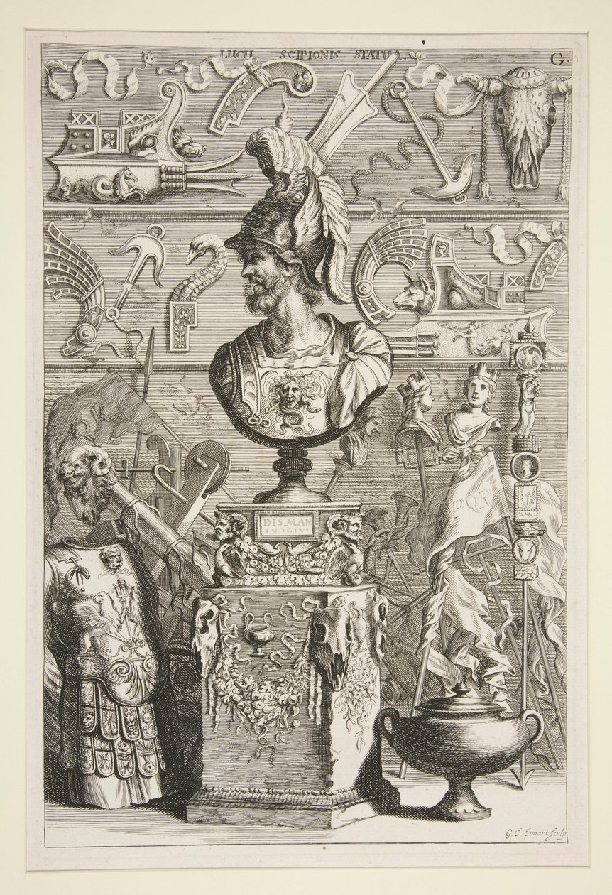 Una estatua de Lucius Sciopione, armadura y otros estandartes y fragmentos antiguos de Joachim von Sandrart