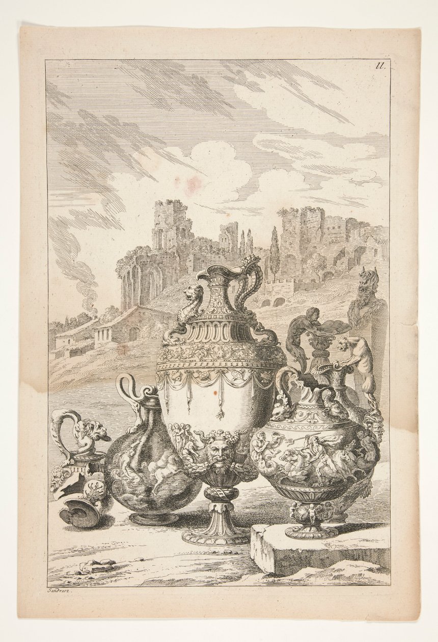 Cuatro jarrones, un jarrón roto, un candelabro roto y un herm en un paisaje con ruinas clásicas de Joachim von Sandrart