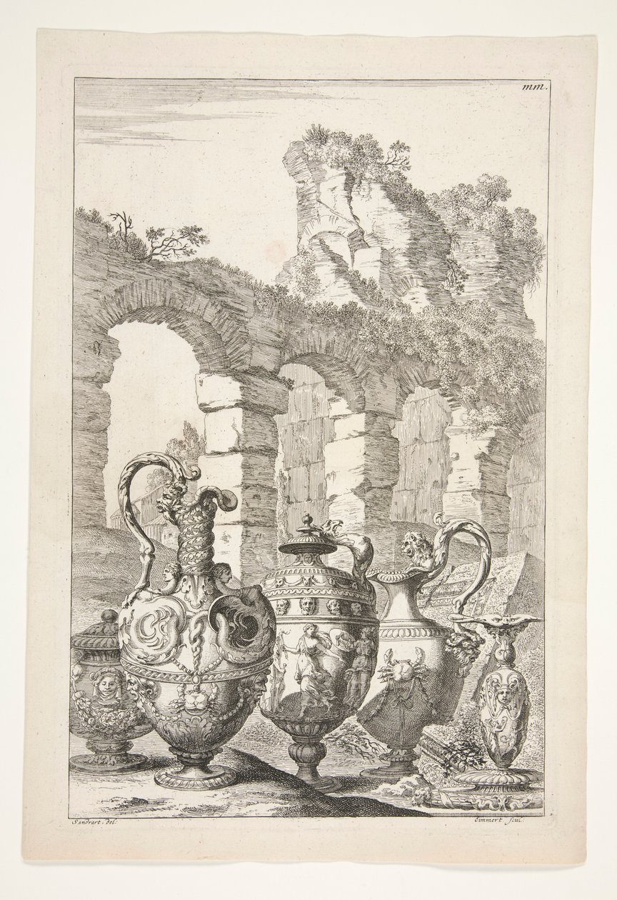 Tres cántaros, un jarrón cubierto y un candelabro en un paisaje con ruinas de Joachim von Sandrart