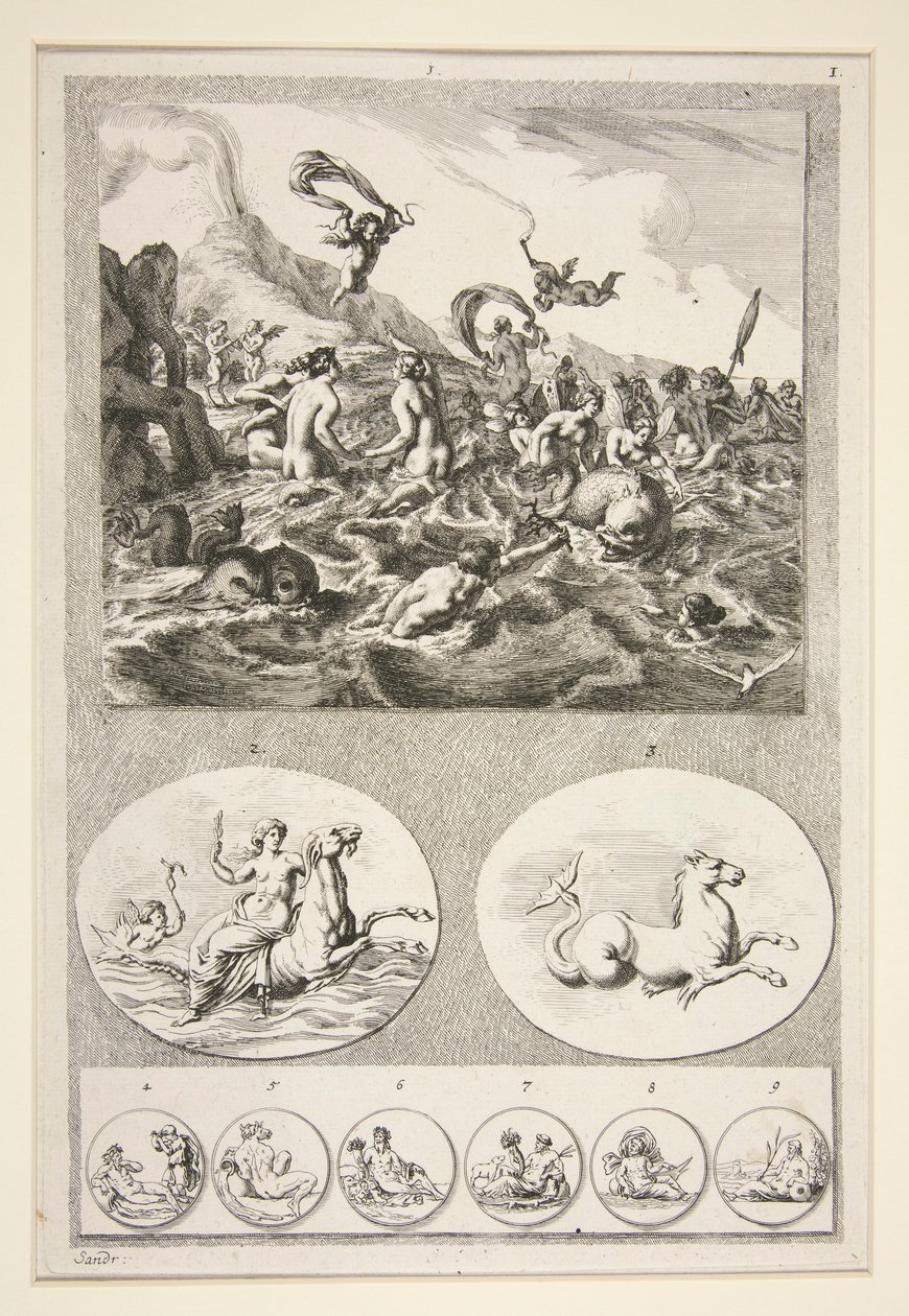 Mitad superior: Nereids Sporting Mitad inferior: Dos Relieves y Seis Monedas de Joachim von Sandrart
