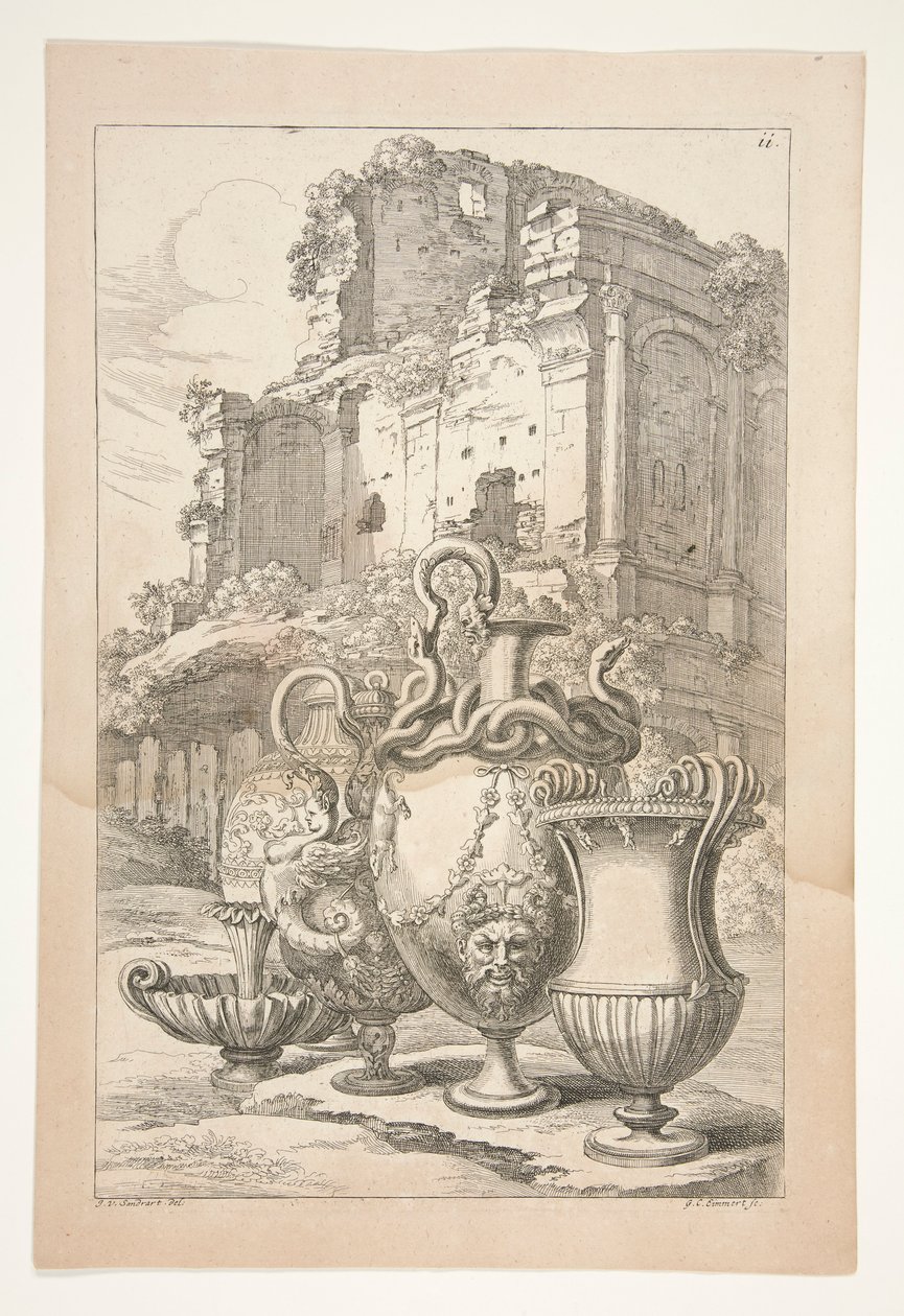 Jarrones en un paisaje entre ruinas antiguas de Joachim von Sandrart