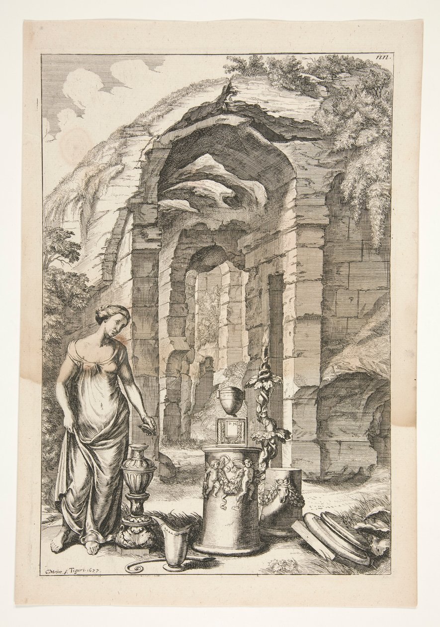 Mujer con vestido antiguo con urnas, soportes y ruinas de Joachim von Sandrart