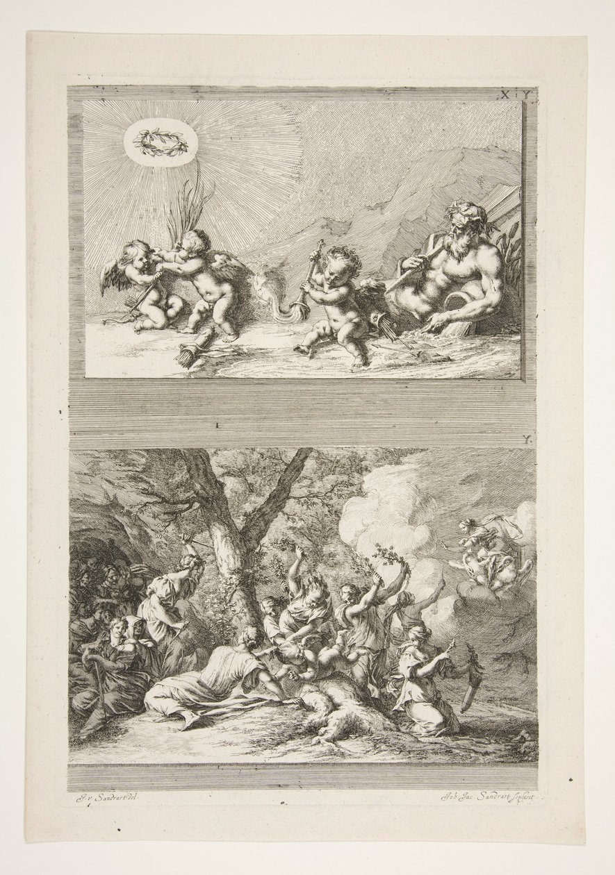 mitad superior: un dios del río y amorcillos jugando con los símbolos de la fama mitad inferior: el castigo de Cupido de Joachim von Sandrart
