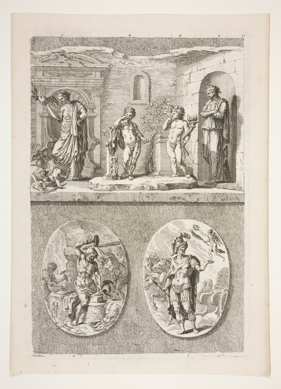mitad superior: cuatro estatuas antiguas mitad inferior: fragua de Vulcano y un general romano victorioso de Joachim von Sandrart