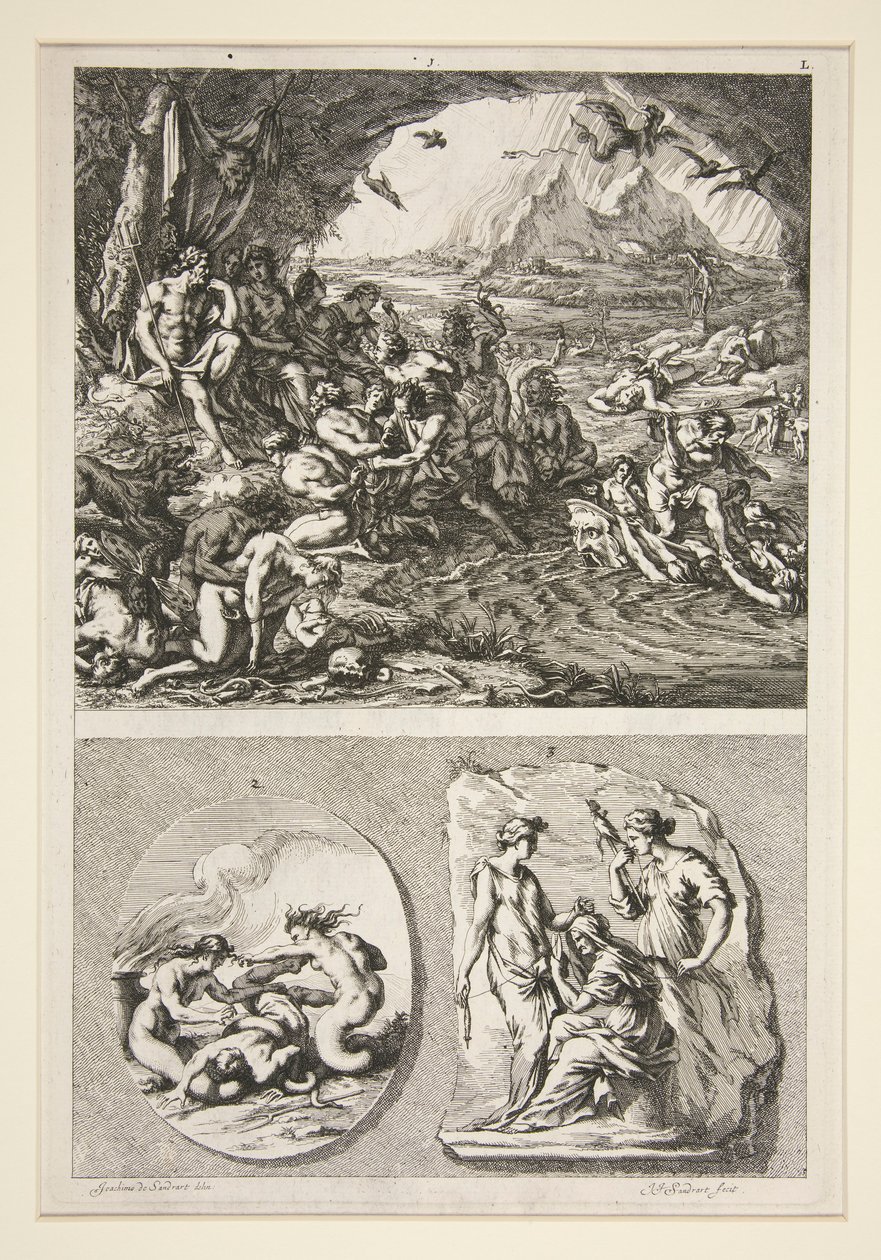 mitad superior: Quos Ego? mitad inferior: Dos relieves antiguos: Las tres Parcas y un sujeto desconocido de Joachim von Sandrart