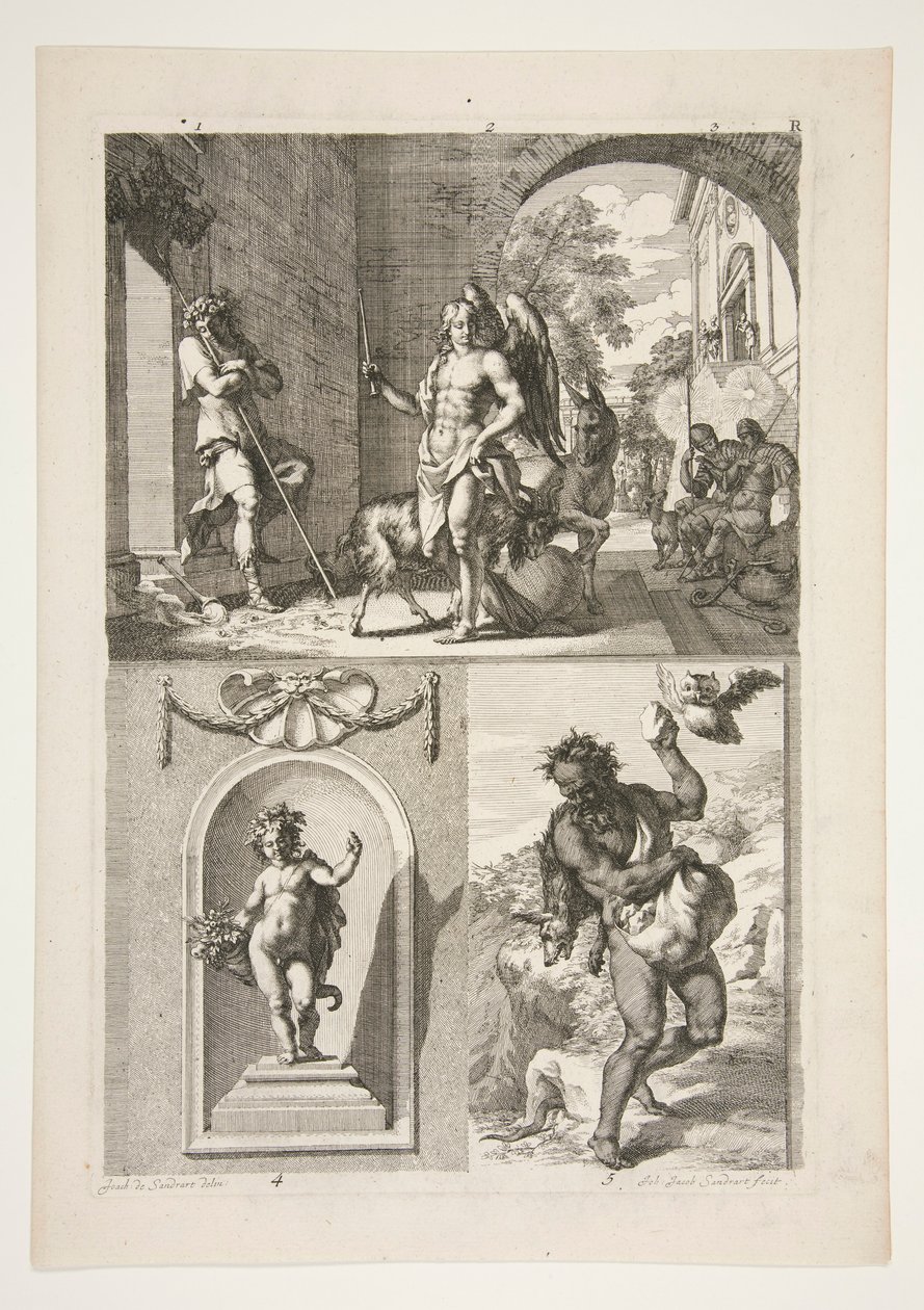 Mitad superior: Sujeto religioso desconocido Mitad inferior: Una estatua de un putto en un nicho y una estatua de un fauno en un paisaje de Joachim von Sandrart
