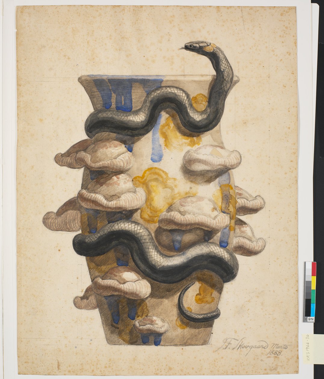Trabajo preliminar para jarrón decorado con serpiente y hongos en relieve de Joakim Frederik Skovgaard
