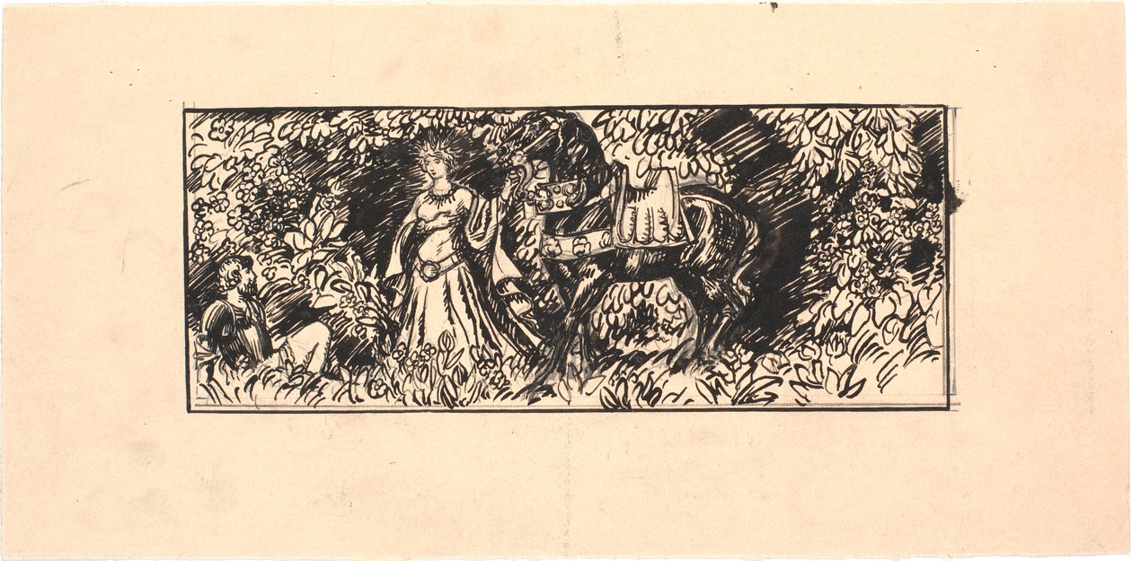 Princesa llevando un caballo negro a un caballero sentado en el bosque de Joakim Frederik Skovgaard