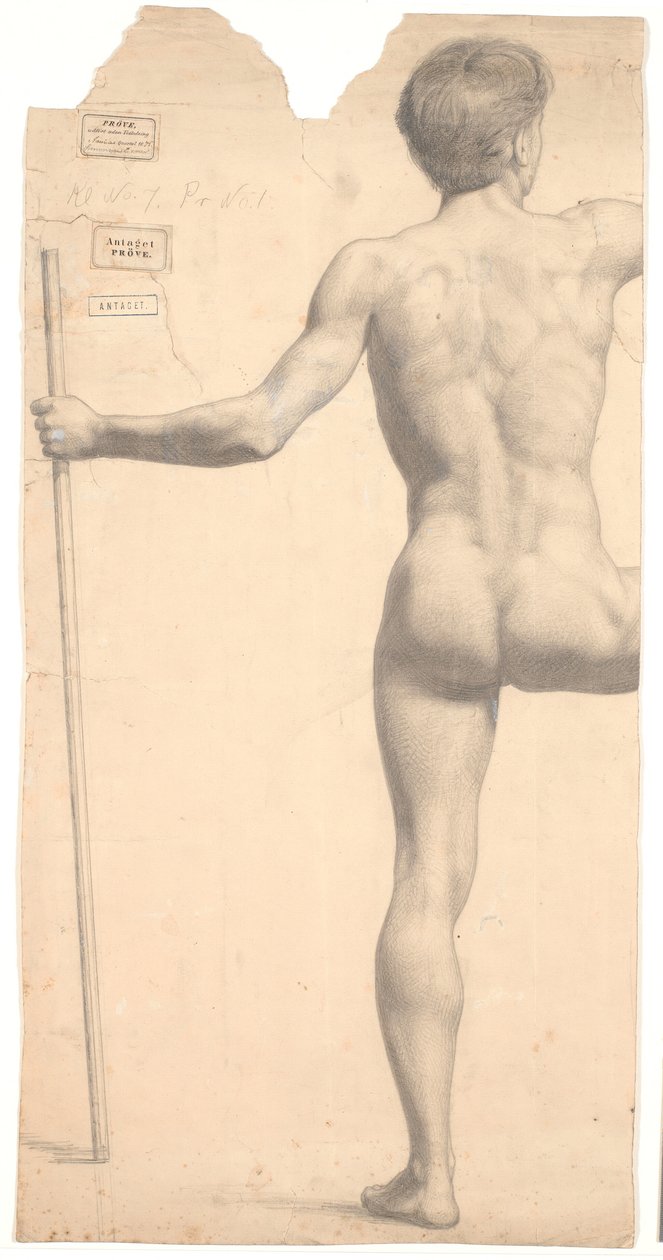 Modelo masculino de pie, visto desde atrás, bastón en la mano izquierda, brazo y pierna derecha cortados de Joakim Frederik Skovgaard