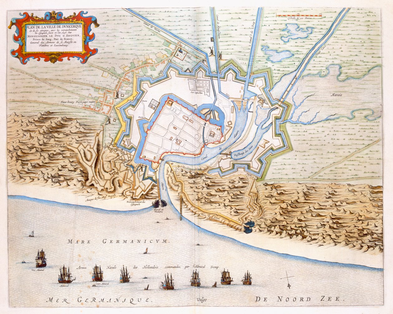 Ciudad de Dunkerque durante la dominación española: plano que muestra las defensas costeras, el castillo y las fortificaciones de bastión, 1649 de Joan Blaeu