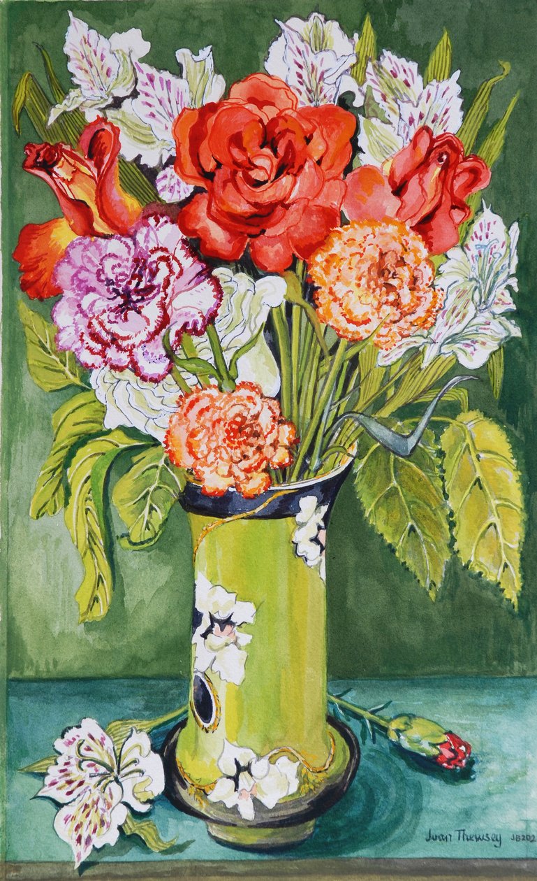 Claveles y alstroemerias en un jarrón Art Nouveau 2011 de Joan Thewsey