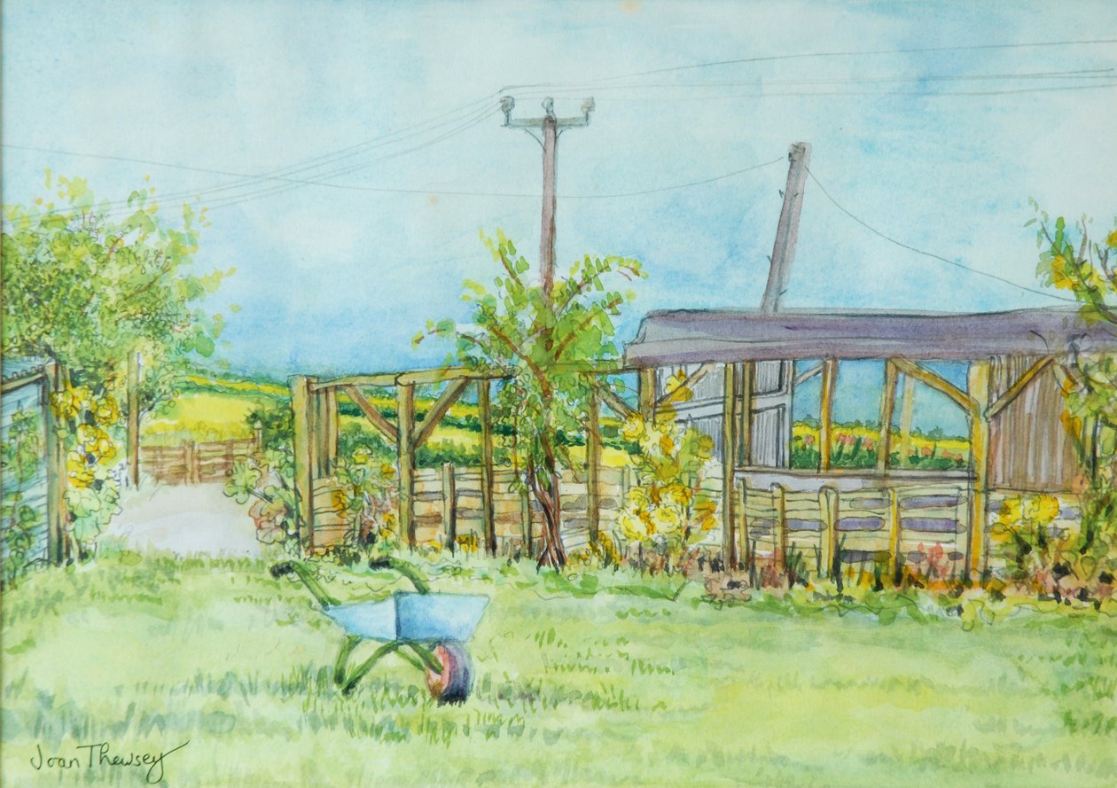 Jardín de la cabaña con carretilla, 2011 de Joan Thewsey