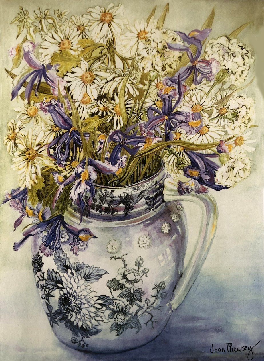 Iris, crisantemos y claveles en una jarra de Copeland de Joan Thewsey