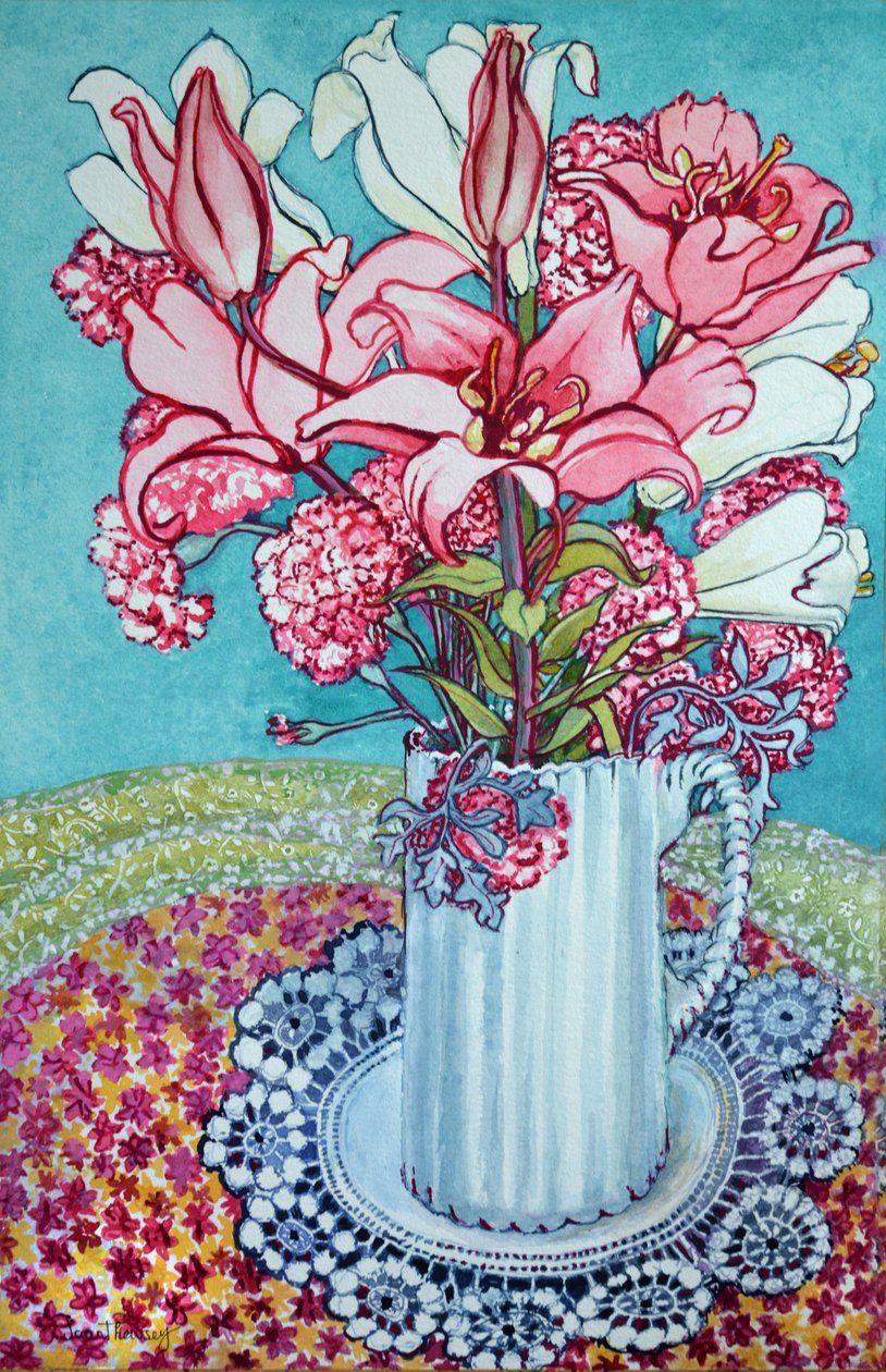 Lirios rosados en una jarra, con encaje de Joan Thewsey