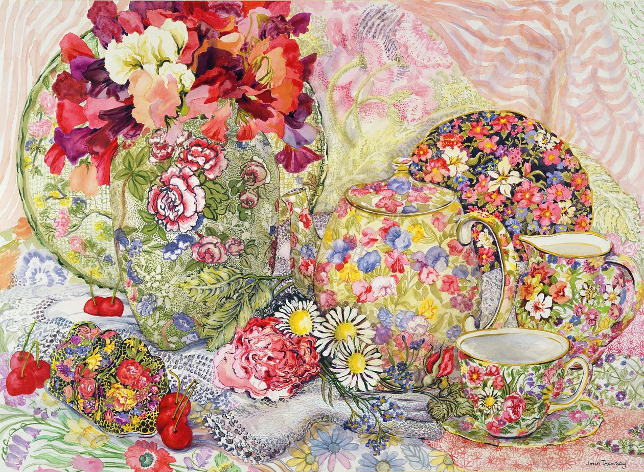 Guisantes dulces con porcelana antigua floreada y cerezas de Joan Thewsey