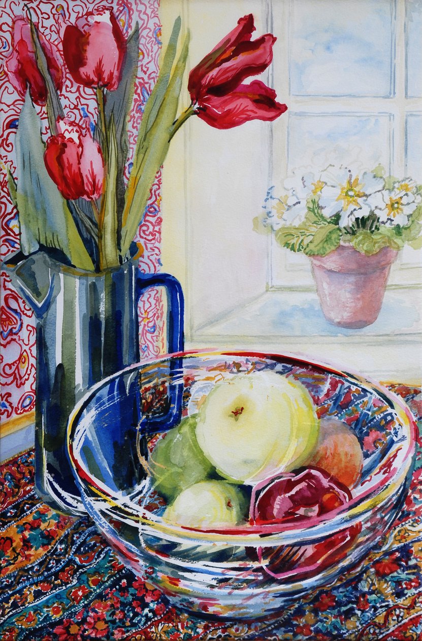 Tulipanes en una jarra, con un cuenco de vidrio, 2003 de Joan Thewsey