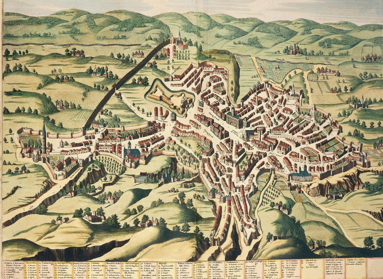 Italia, Perugia, Umbría, mapa, grabado del Theatrum Civitatum et Admirandorum Italiae por Joan Blaeu de Joan Blaeu