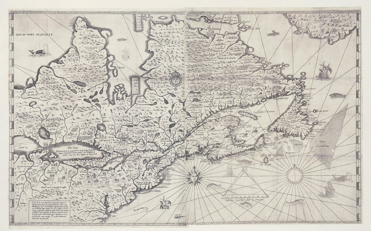 Mapa de Canadá, grabado del estudio de Samuel de Champlain de Joan Blaeu