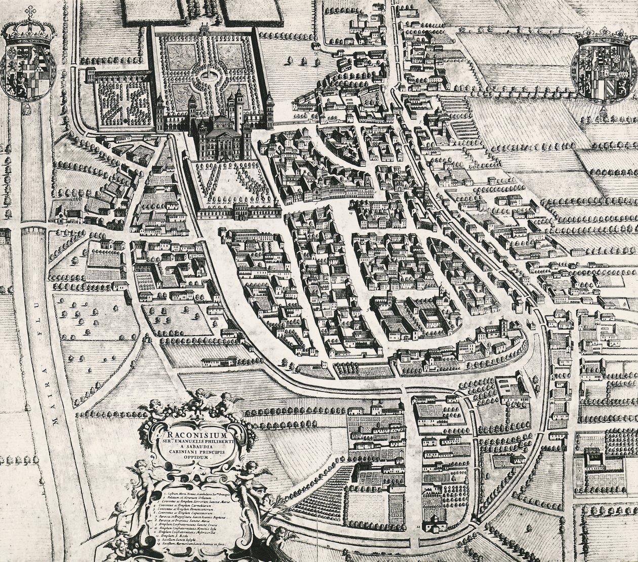 Mapa de Racconigi, grabado de Joan Blaeu (1596-1673), Italia de Joan Blaeu