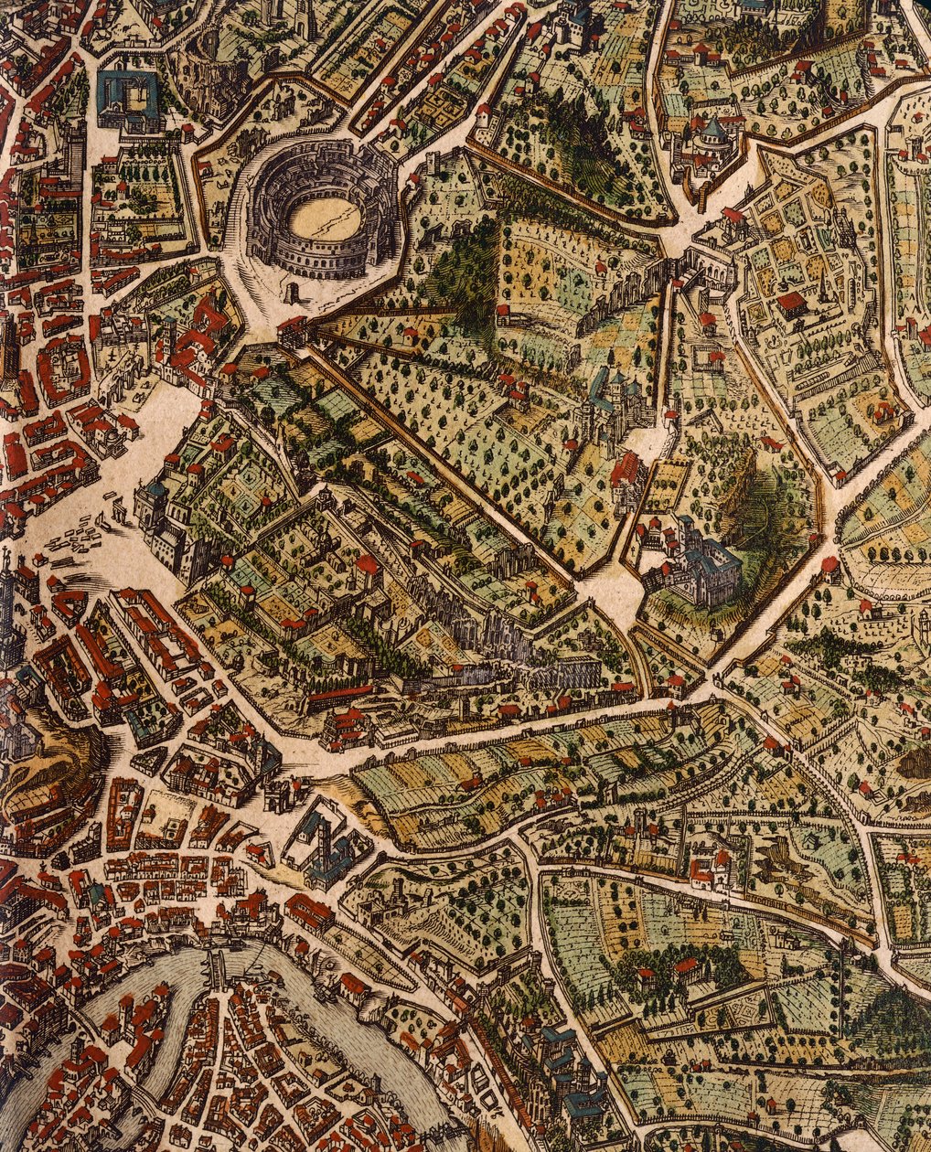 Mapa de Roma, por Joan Blaeu (1596-1673), impresión de Theatrum Civitatum et Admirandorum Italiae, ad Aevi Veteris et Praesentis Temporis Faciem Expressum, Italia de Joan Blaeu