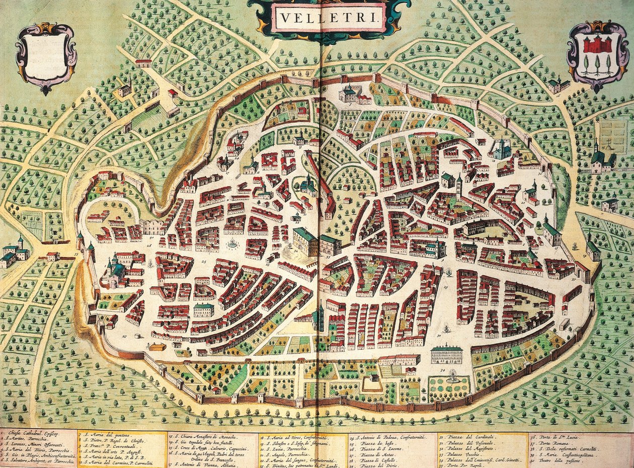 Mapa de Velletri por Joan Blaeu, del Theatrum civitatum et admirandorum Italiae, grabado de Joan Blaeu