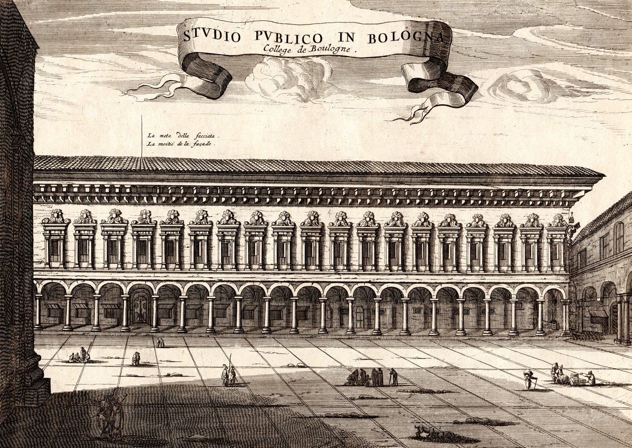 El Palacio Archiginnasio, Bolonia, Emilia-Romaña, Italia, grabado en cobre de Joan Blaeu