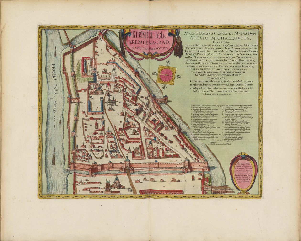 Plano del Kremlin de Moscú del siglo XVI (Castellum Urbis Moskvae), c.1600 (grabado y acuarela) de Joan Blaeu