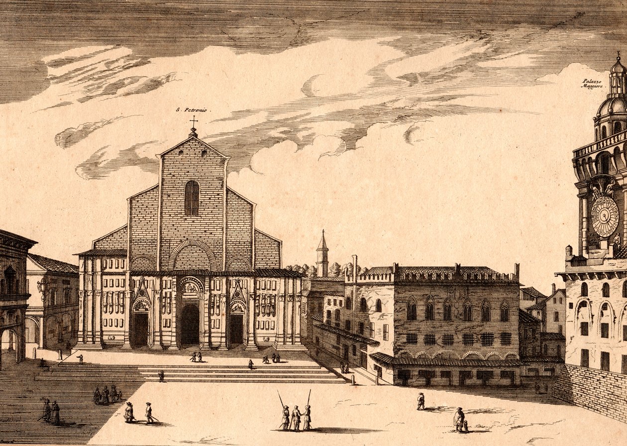 La Basílica de San Petronio en Piazza Maggiore, Bolonia, Emilia-Romaña, Italia, grabado en cobre de Joan Blaeu