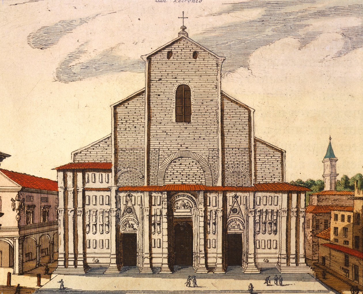 La basílica de San Petronio en Bolonia, por Joan Blaeu, impresión de Theatrum Civitatum et Admirandorum Italiae, Italia de Joan Blaeu