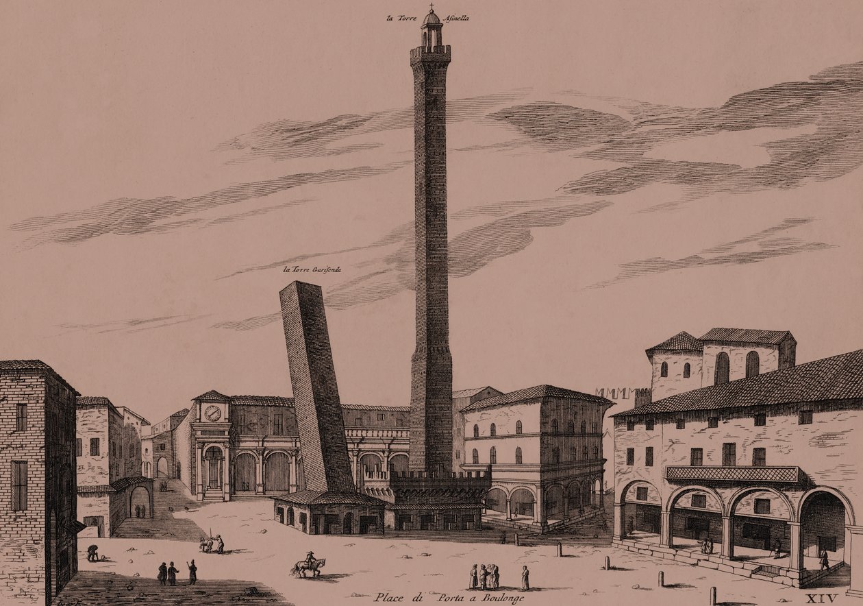 Las dos torres (Asinelli y Garisenda), Bolonia, Emilia-Romaña, Italia de Joan Blaeu