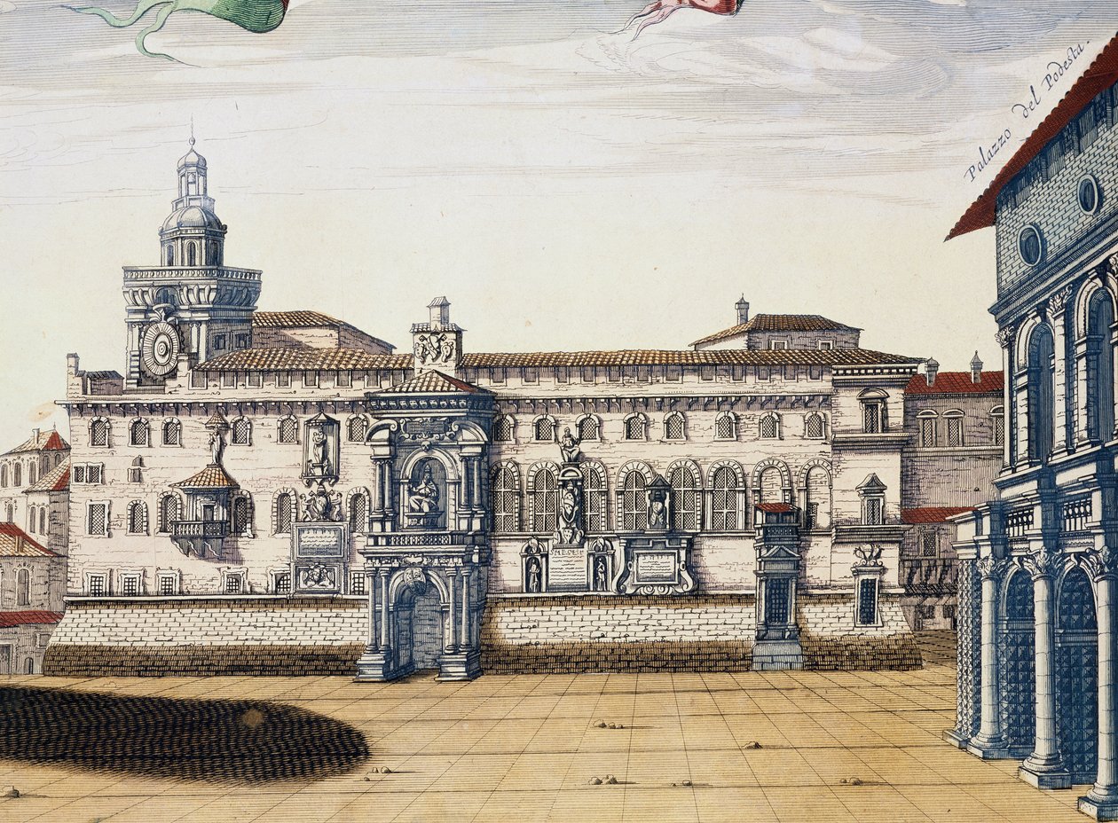 Vista de la plaza vieja en Bolonia, grabado por Giacomo Lauro y Joan Blaeu de Theatrum civitatum et admirandorum Italiae, publicado en Ámsterdam en 1663 de Joan Blaeu