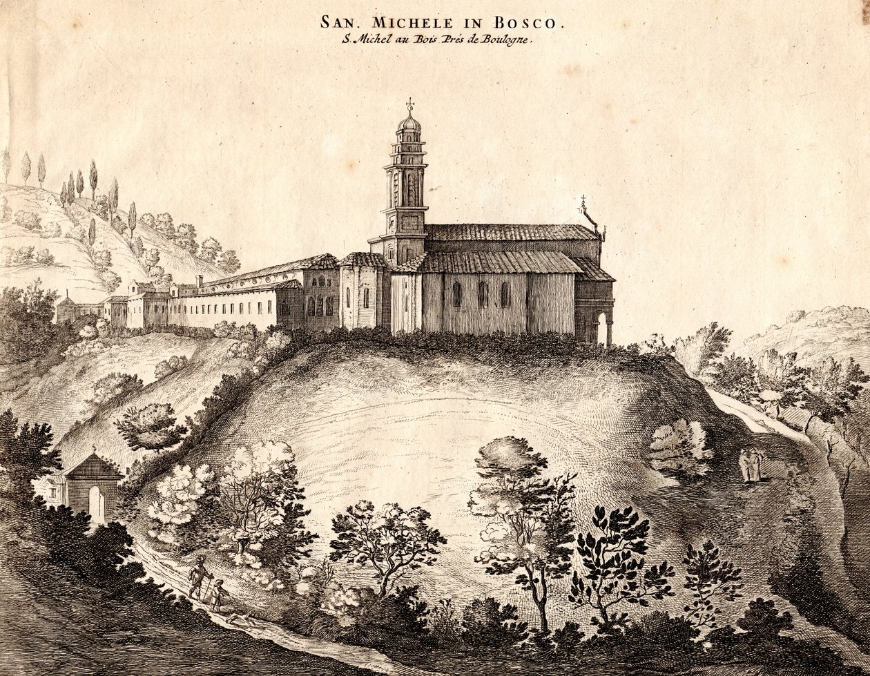 Vista del Monasterio de San Michele in Bosco, Bolonia, Emilia-Romaña, Italia, grabado en cobre, ca 21x29 cm de Joan Blaeu