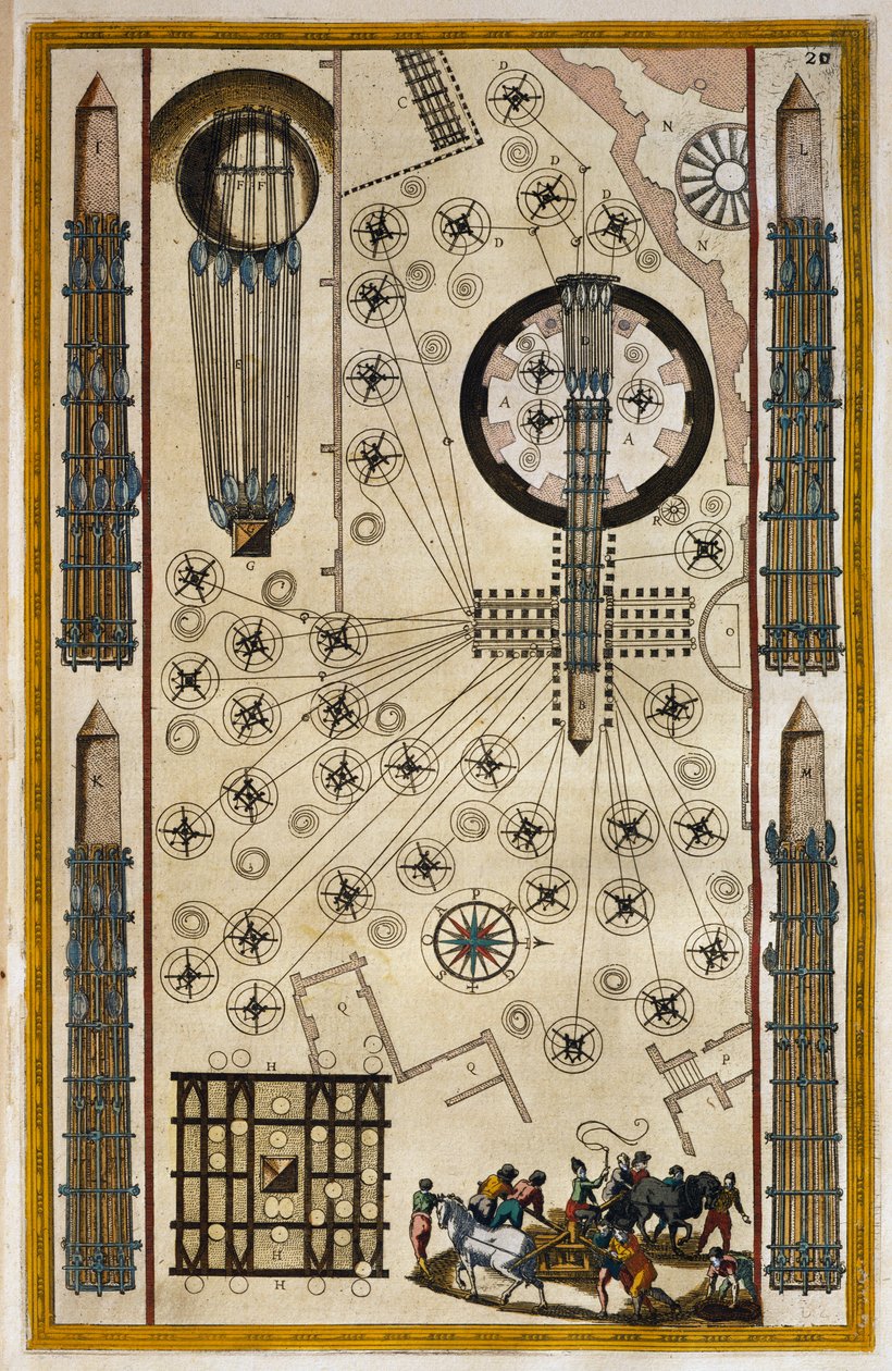 Cabrestantes para mover el obelisco, grabado de Theatrum civitatum et admirandorum Italiae, por Joan Baleu de Joan Blaeu