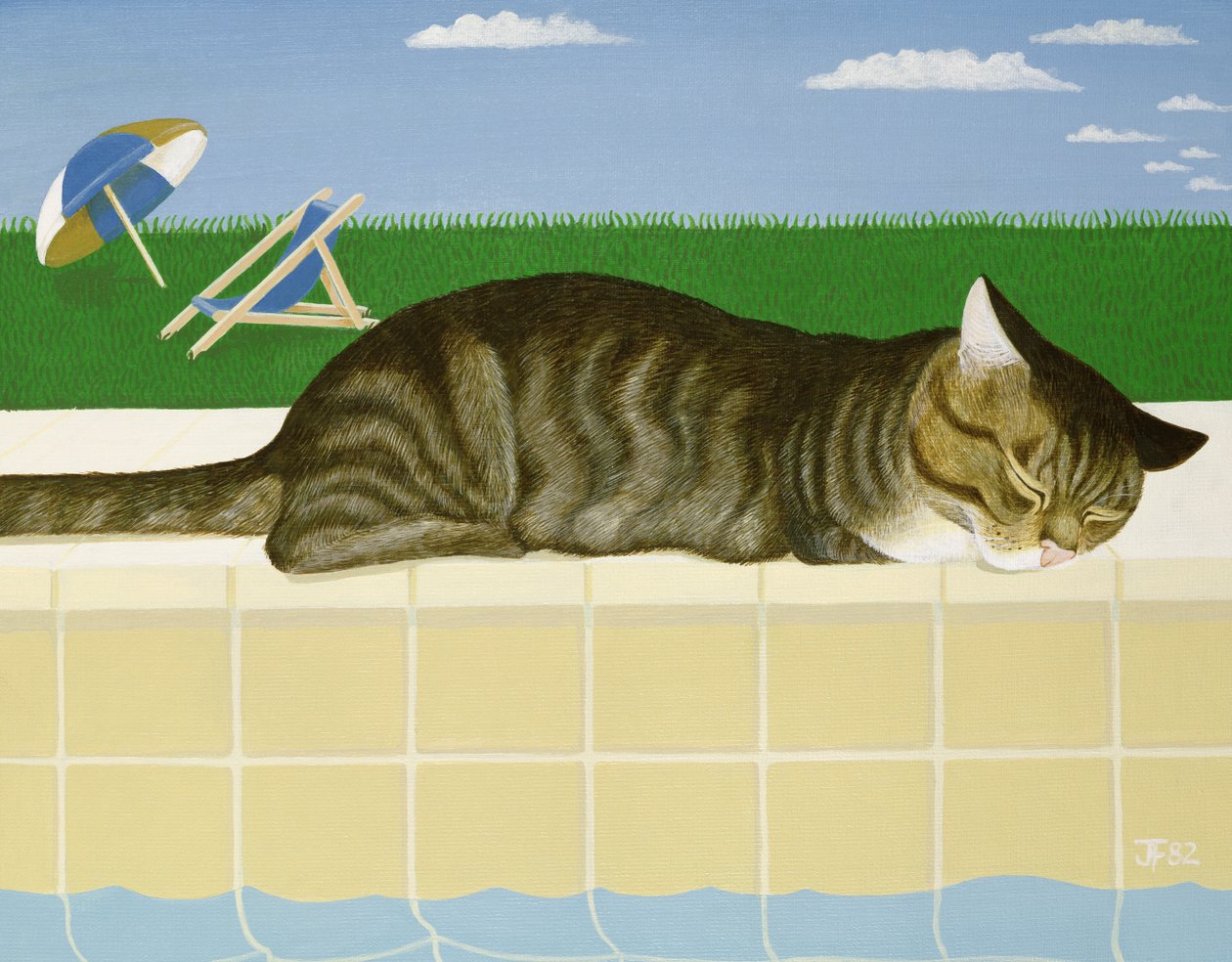 Gato atigrado junto a una piscina de Joan Freestone