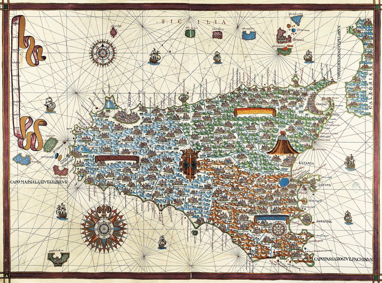 Isla de Sicilia. (Sicilia) Mapa de navegación de Joan Martines (1556-1591) de Joan Martines