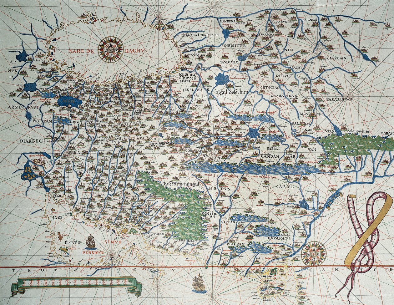 Mapa de Asia, incluyendo Armenia, Irán, Afganistán, con rosa de los vientos, detalles de puertos, costas y rutas marítimas, en Atlas de Joan Martines de Joan Martines