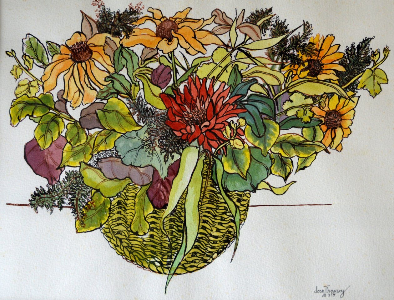 Rudbeckia con Follaje en una Cesta de Joan Thewsey