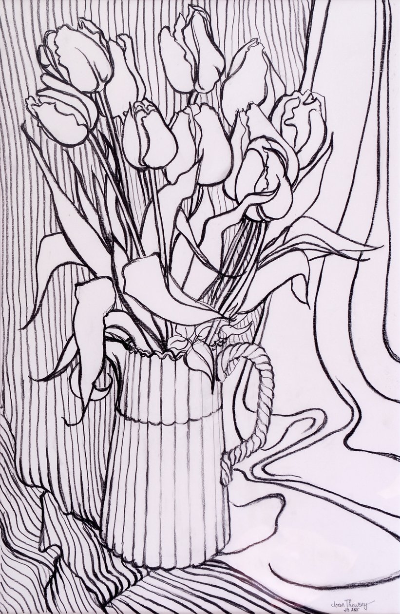 Tulipanes contra un paño a rayas, 2000 de Joan Thewsey