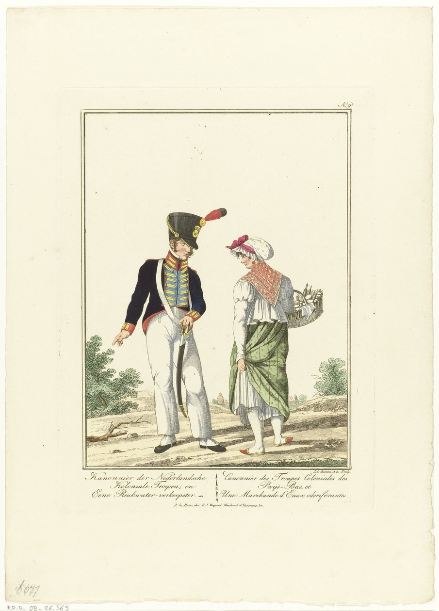Artillero con una vendedora de agua perfumada Artillero de las tropas coloniales holandesas y vendedora de perfumes. Uniformes y disfraces (título de la serie) de Joannes Bemme