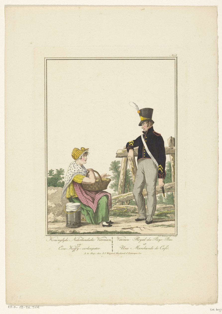 Soldado de pie con vendedor de café sentado Veterano holandés de Koninglyke y vendedor de café (título sobre el objeto) Uniformes y disfraces (título de la serie) de Joannes Bemme